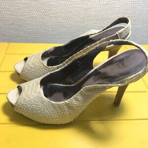 Moda Spana, sling-back, peep-toe, heel, 7.5M, bone color patent/snakeskin